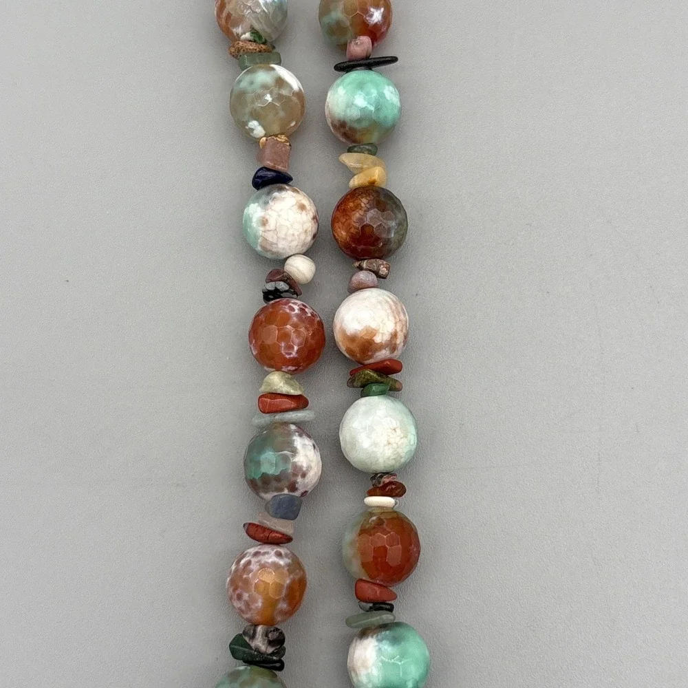 VTG Artisan Beaded Natural Gemstone Agate? Jasper? Silver Leaf Necklace GIFT 20